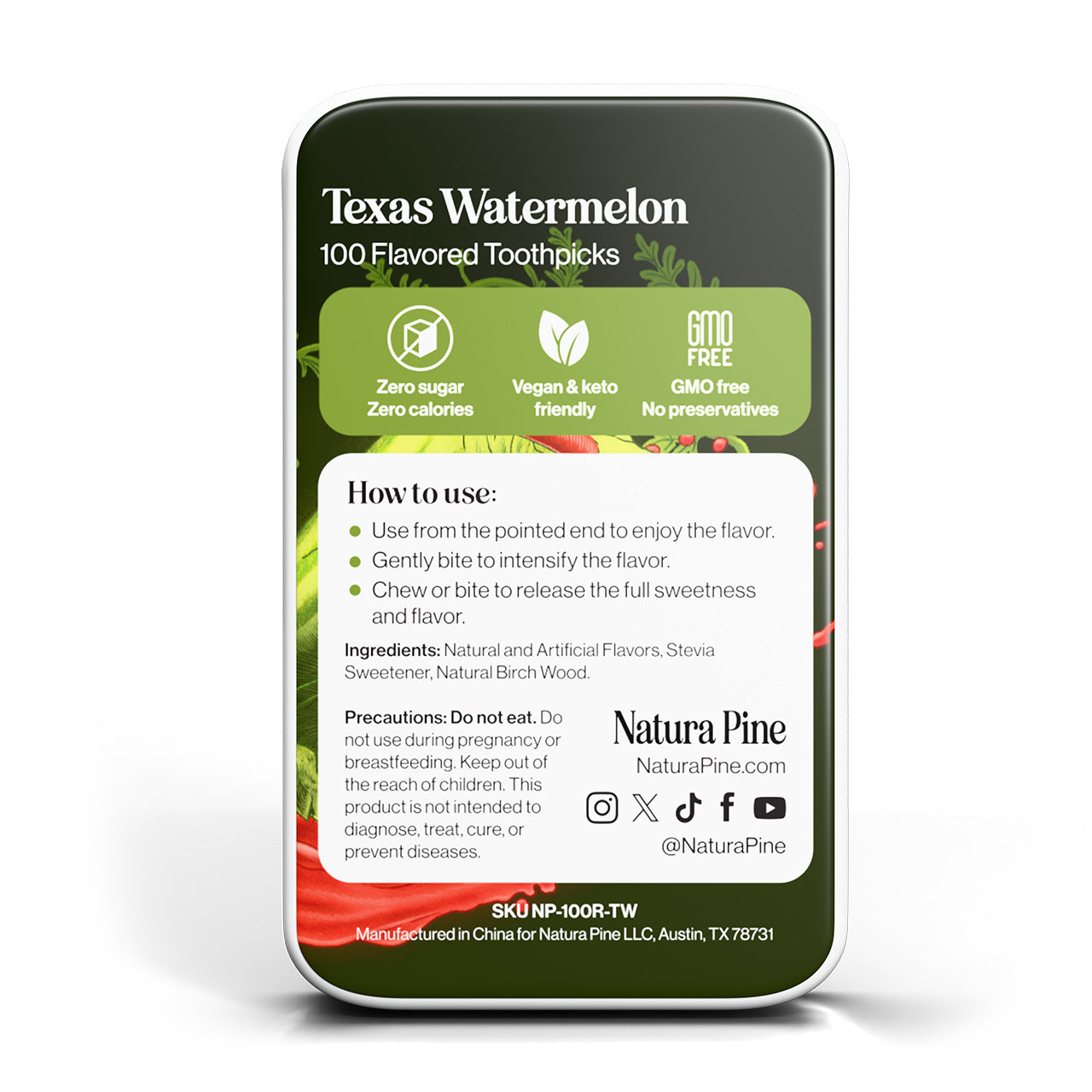 Texas Watermelon Flavored Toothpicks Tin - Natura Pine